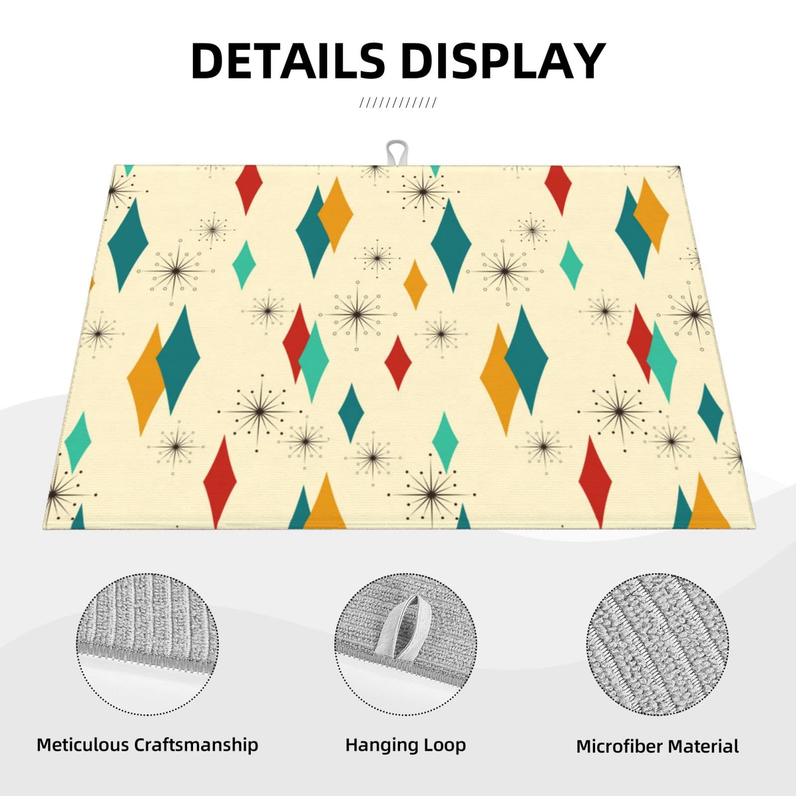 Diamond Retro Kitchen Drying Mat Mid Century Modern Decor Microfiber Dish Drainer Mat for Kitchen Counter Absorbent Reusable Washable 18x24in