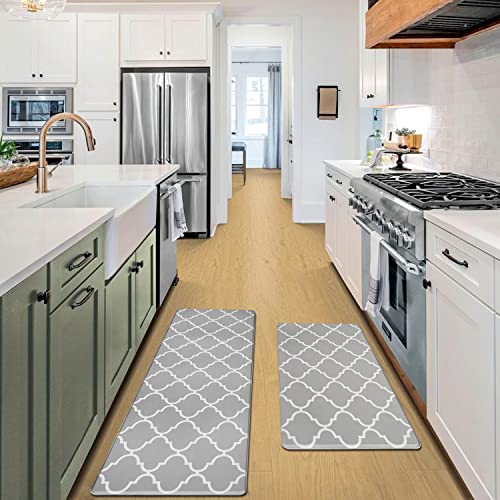 EARTHALL Kitchen Mat [2 PCS] Cushioned Anti-Fatigue Floor Mat, Waterproof Non-Slip Grey Trellis Kitchen Rug Runner Ergonomic Comfort Standing Mat for Kitchen, Home, Office, Sink, Laundry, Desk