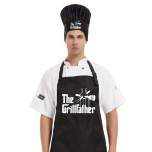 dyjybmy the grillfather chef hat and apron set, funny cooking grilling apron gift for men woman dad mom, gift for dad husband boyfriend chef, adjustable size