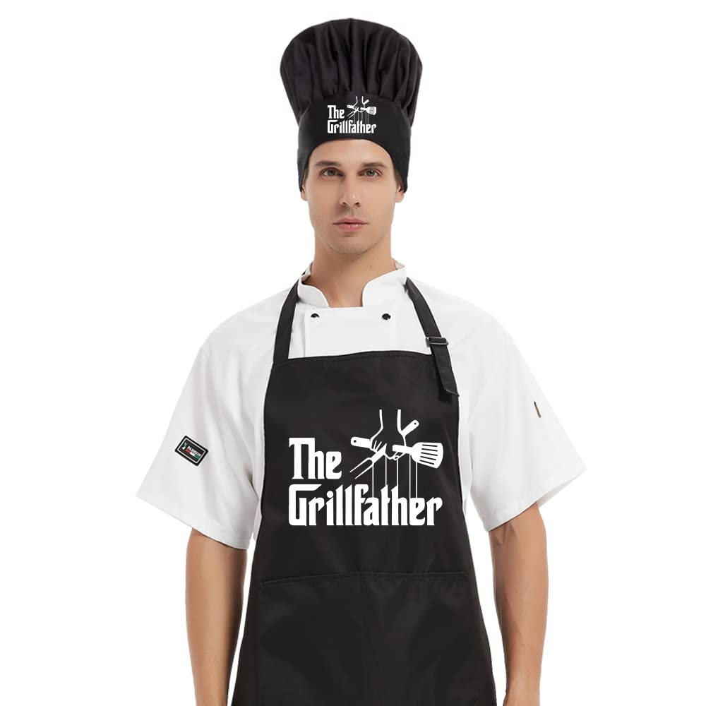 DYJYBMY The Grillfather Chef Hat and Apron Set, Funny Cooking Grilling Apron Gift for Men Woman Dad Mom, Gift for Dad Husband Boyfriend Chef, Adjustable Size