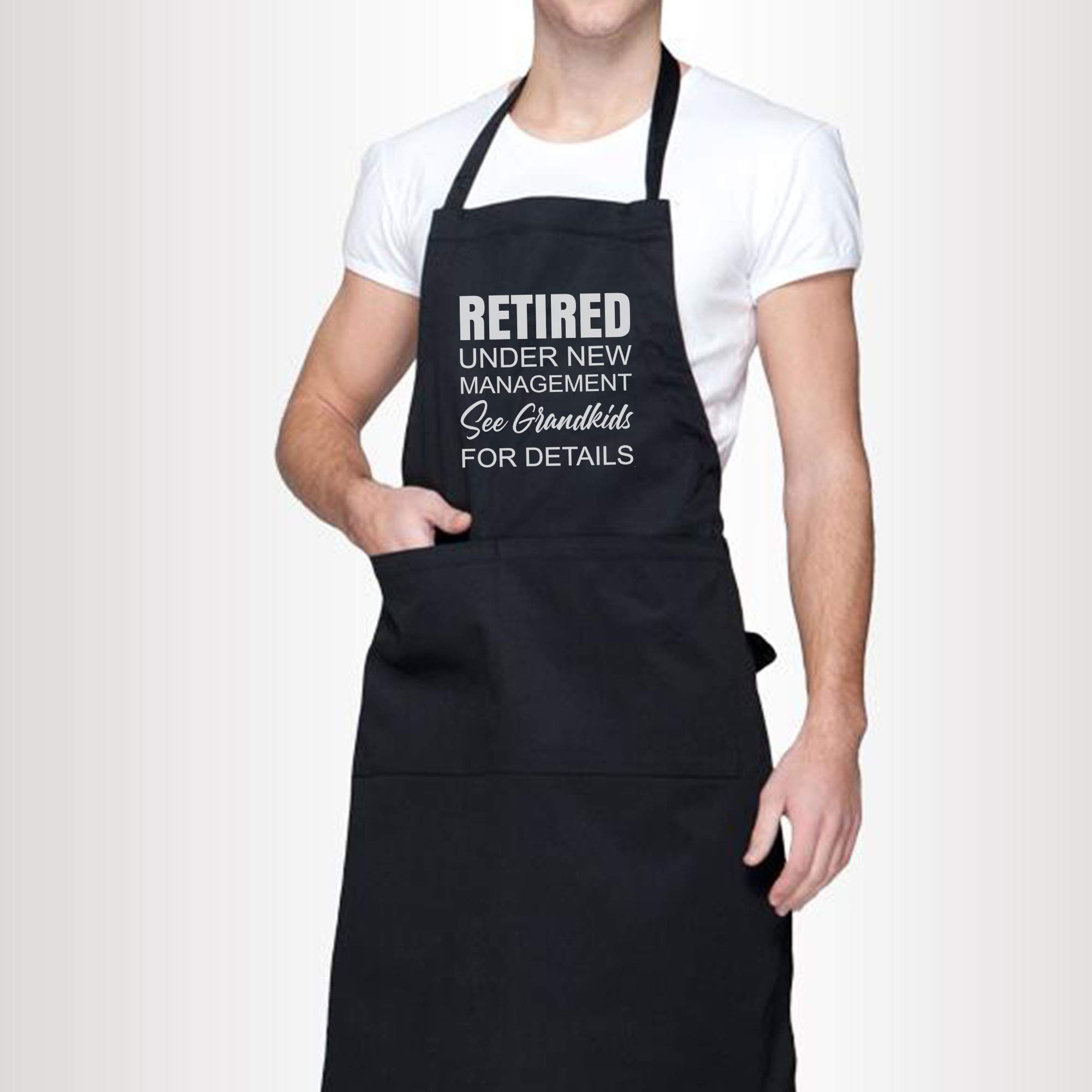 xPuffer Grandmother Chef Apron Mother Day Gift - Retired Grandpa Grandma Under New Management See Grandkids T shirt Black Kitchen Aprons - Grill Cook Apron 1 Size Fits All