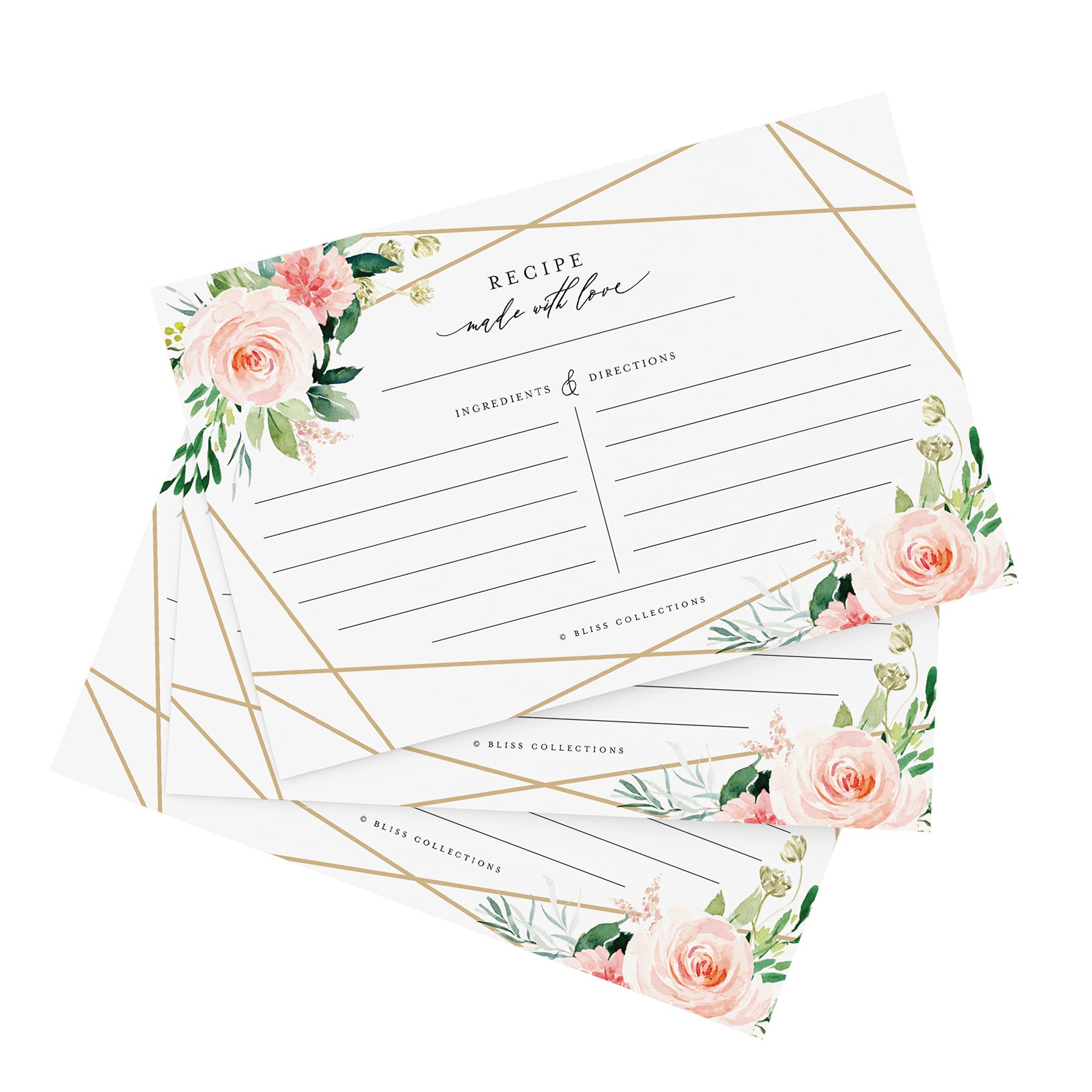 Bliss Collections Recipe Cards, Pack of 50 Double-Sided Geo Floral 4 x 6 Cards for Family Recipes, Wedding Showers, Bridal Showers, Baby Showers, Housewarming Gifts, Celebrations, Made in the USA