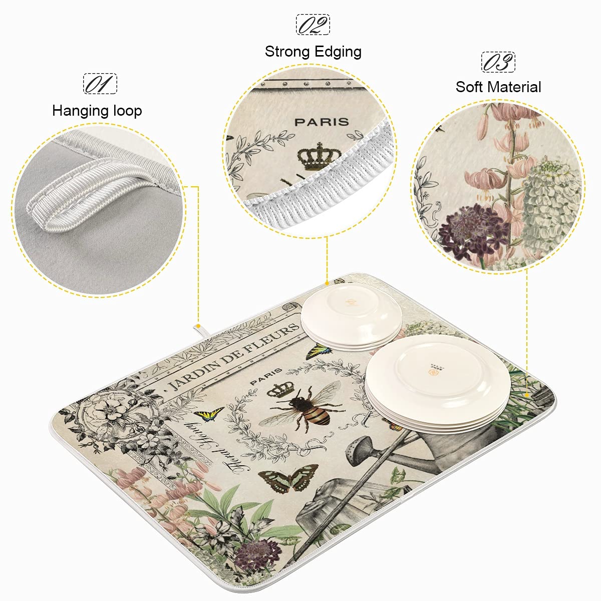 Vintage Bee Garden Dish Drying Mats for Kitchen Counter Reversible Absorbent Polyester Material Large Kitchen Microfiber Mat 18 x 24 Inch