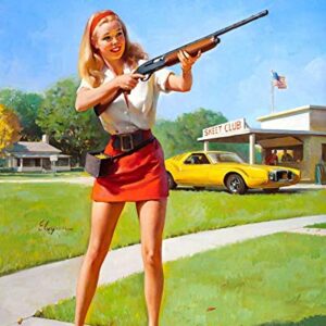 Magnet 1970s Elvgren Pin-Up Girl Skeet Club Shotgun Shooting Magnet Vinyl Magnetic Sheet for Lockers, Cars, Signs, Refrigerator 5"