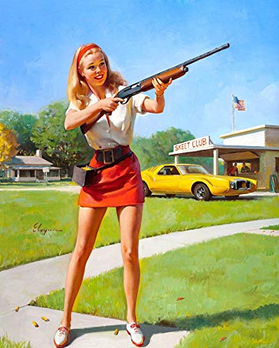 Magnet 1970s Elvgren Pin-Up Girl Skeet Club Shotgun Shooting Magnet Vinyl Magnetic Sheet for Lockers, Cars, Signs, Refrigerator 5"