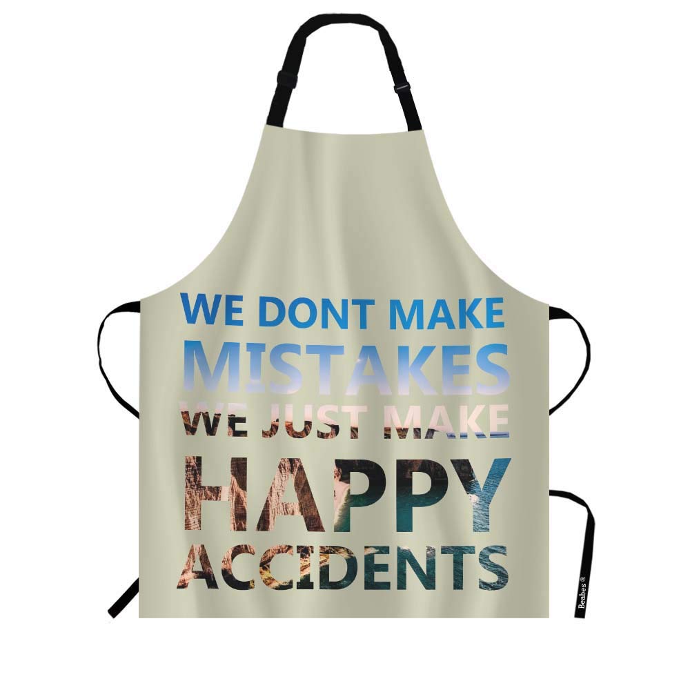 Beabes Mountain And Sea Quote Bib Apron Adjustable Neck Strap Lettering No Mistakes We Just Happy Accidents Poster Polyester Work Apron Crafting BBQ Drawing Chef Waitress 27" X 31"