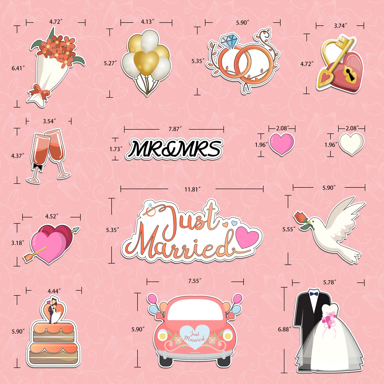 14 Pcs Just Married Ornate Car Magnets Just Married Refrigerator Protect Magnet Honeymoon Anniversary Wedding Bridal Fridge Magnet Stickers Decals Decorative for Anniversary Wedding Party