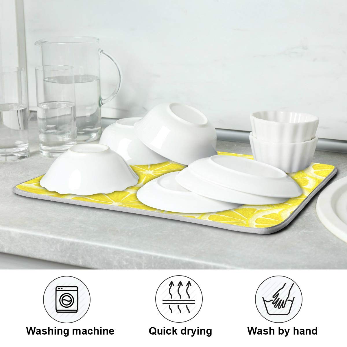 Yellow Lemon Dish Drying Mat for Kitchen Countertops Sinks Drying Mat Absorbent Heat Resistant Dishes Drainer Pad 16 x 18 Inch