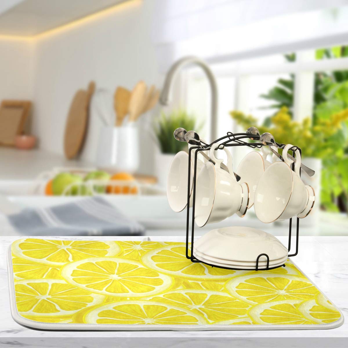 Yellow Lemon Dish Drying Mat for Kitchen Countertops Sinks Drying Mat Absorbent Heat Resistant Dishes Drainer Pad 16 x 18 Inch