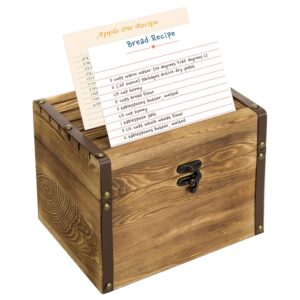 mygift rustic burnt wood recipe card box with divider, wooden recipe holder organizer chest with leatherette & brass accents - holds 4 x 6 cards