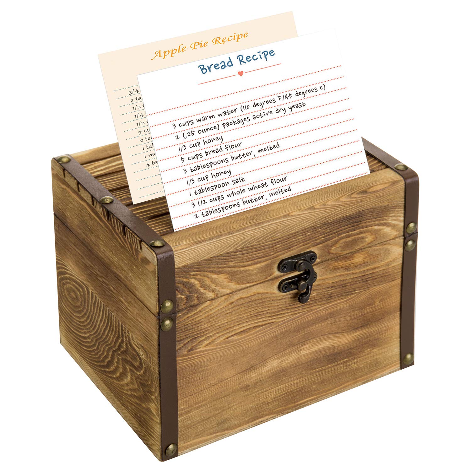 MyGift Rustic Burnt Wood Recipe Card Box with Divider, Wooden Recipe Holder Organizer Chest with Leatherette & Brass Accents - Holds 4 x 6 Cards