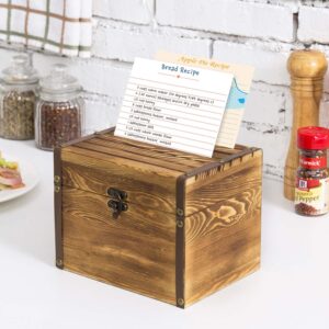 MyGift Rustic Burnt Wood Recipe Card Box with Divider, Wooden Recipe Holder Organizer Chest with Leatherette & Brass Accents - Holds 4 x 6 Cards