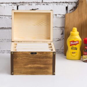 MyGift Rustic Burnt Wood Recipe Card Box with Divider, Wooden Recipe Holder Organizer Chest with Leatherette & Brass Accents - Holds 4 x 6 Cards