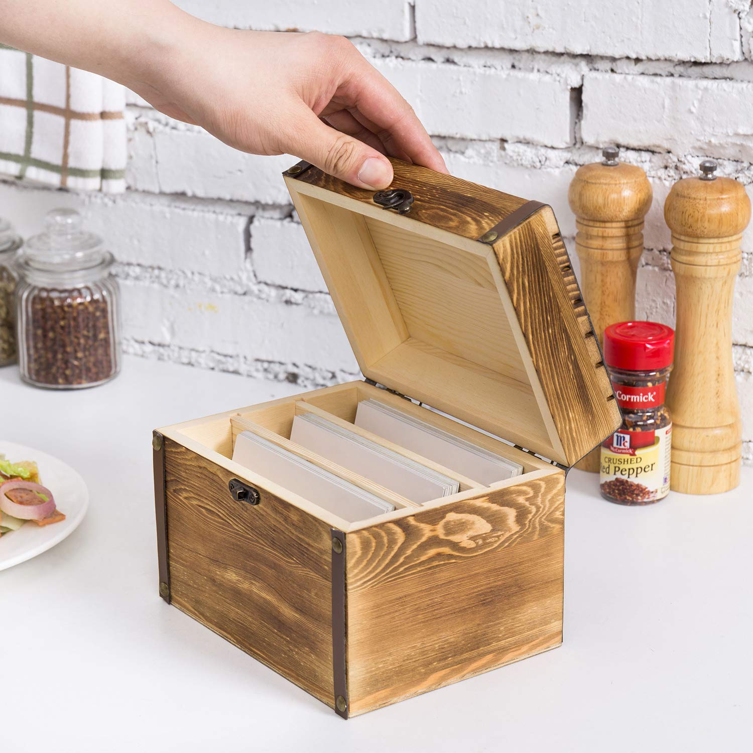 MyGift Rustic Burnt Wood Recipe Card Box with Divider, Wooden Recipe Holder Organizer Chest with Leatherette & Brass Accents - Holds 4 x 6 Cards