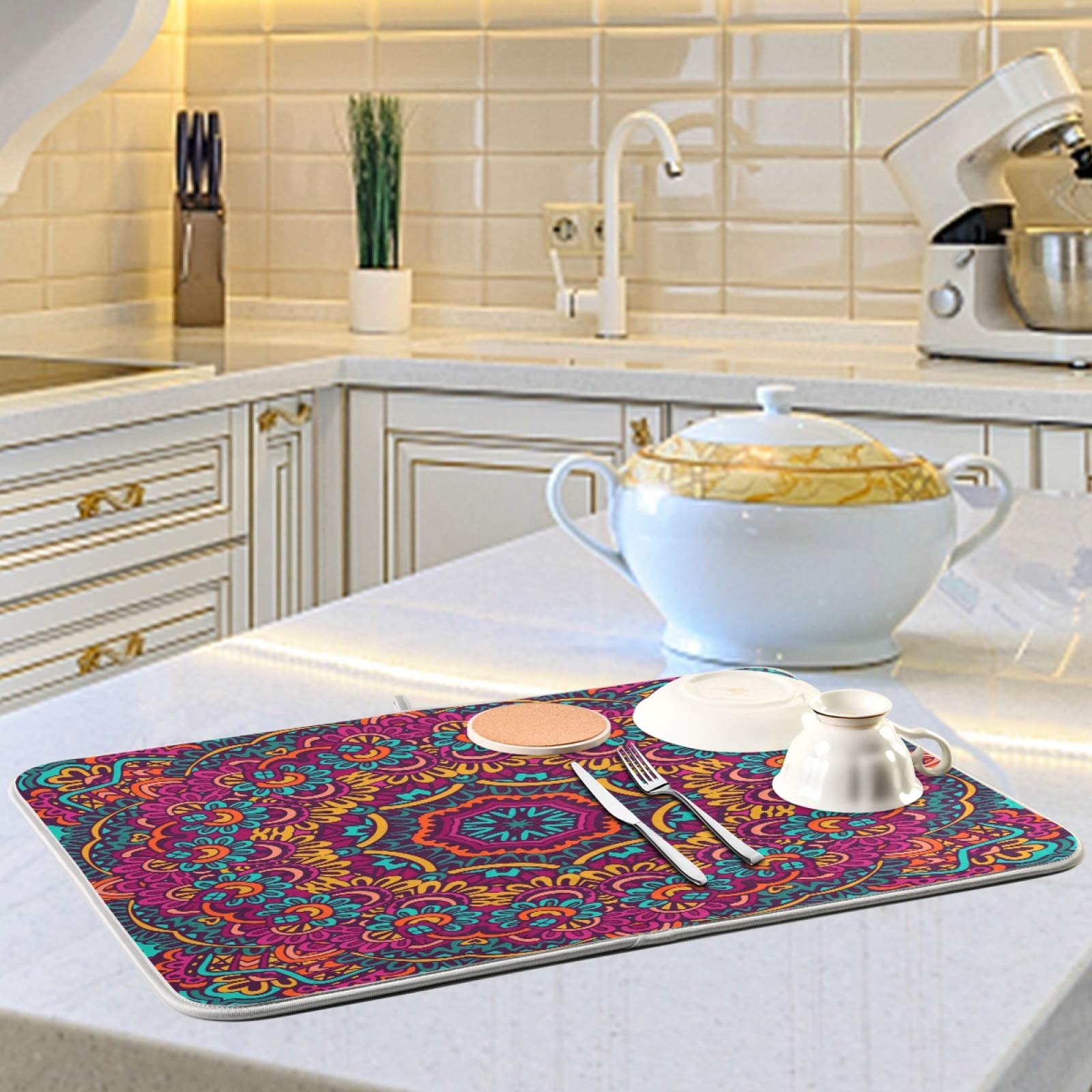 Oarencol Boho Ethnic Dish Drying Mat Bohemian Mandala Paisley Large Kitchen Counter Reversible Microfiber Dishes Drainer Mat 18 x 24 Inch