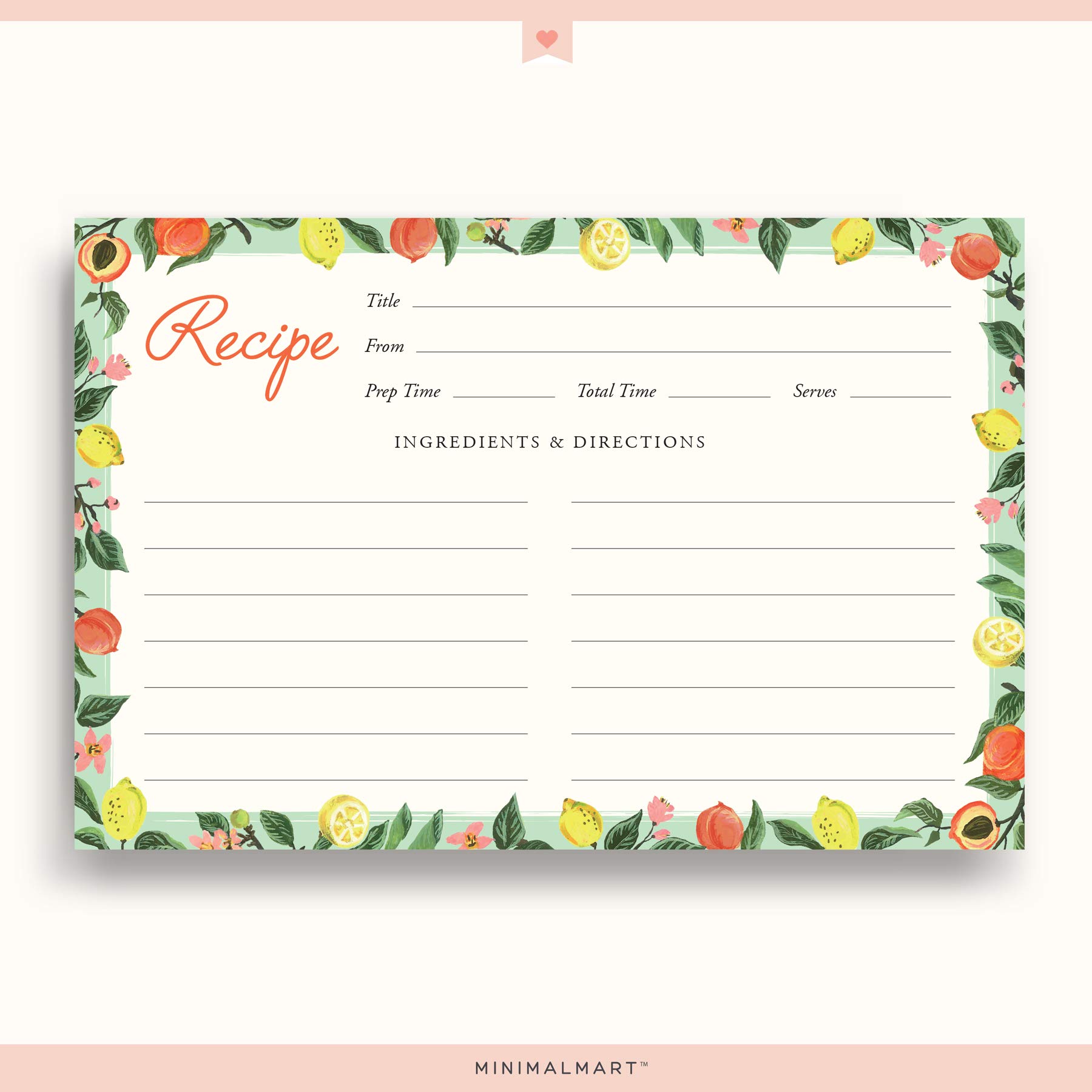 Minimalmart Lemon & Peach Recipe Cards 4" x 6" Recipe Cards- Thick Premium Card Stock With Kraft Paper Look | Ideal For Recipe Box Or Binder | Lots Of Space & Easy To Write On | Set Of 50