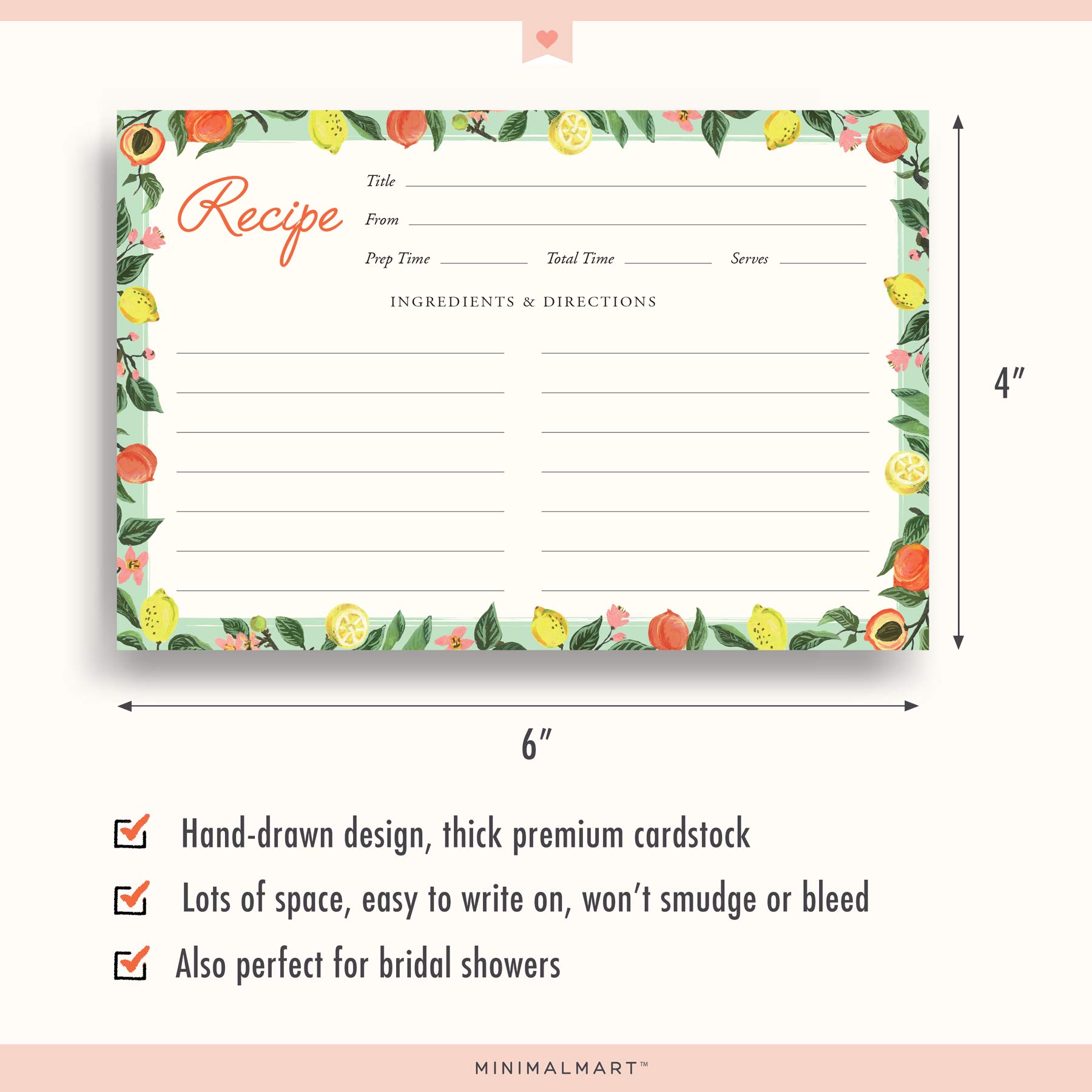 Minimalmart Lemon & Peach Recipe Cards 4" x 6" Recipe Cards- Thick Premium Card Stock With Kraft Paper Look | Ideal For Recipe Box Or Binder | Lots Of Space & Easy To Write On | Set Of 50