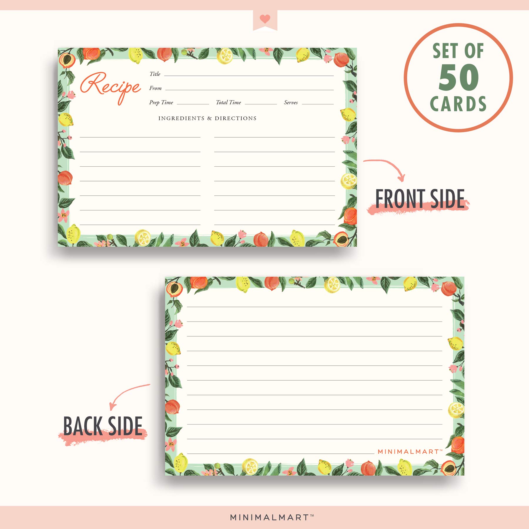 Minimalmart Lemon & Peach Recipe Cards 4" x 6" Recipe Cards- Thick Premium Card Stock With Kraft Paper Look | Ideal For Recipe Box Or Binder | Lots Of Space & Easy To Write On | Set Of 50