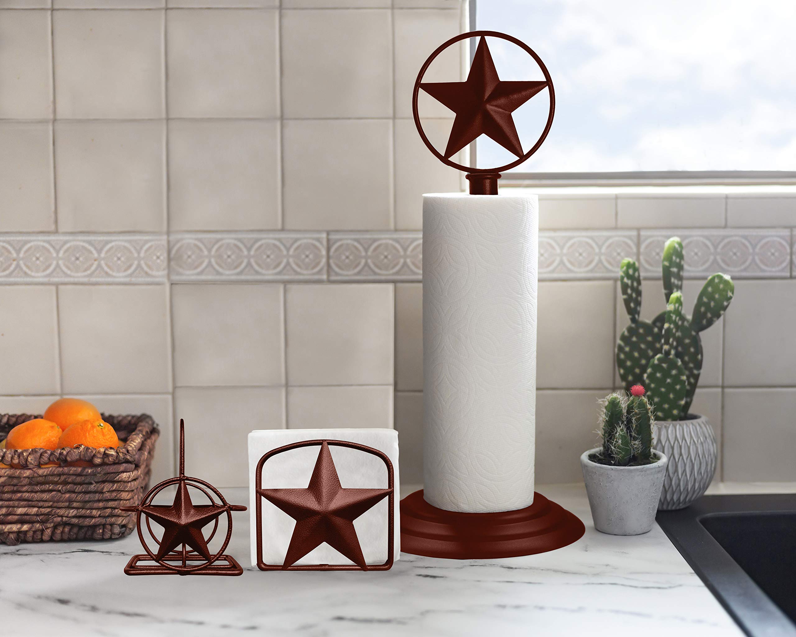 Brown Rustic Texas Star Paper Towel Holder, Napkin Holder, Salt and Pepper Shakers Holder, Country Farmhouse Iron Kitchen Counter Accessory Set Holders (Paper Towel Holder)