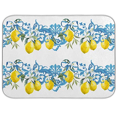 Tamniee Lemons Dish Drying Mat Yellow Blue Kitchen Dry Mats Decor Absorbent Baby Bottle Pad for Home Counter Drainer Countertops, 16x18in (g69531602p523c558s1113)