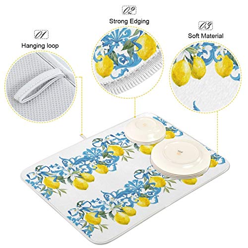 Tamniee Lemons Dish Drying Mat Yellow Blue Kitchen Dry Mats Decor Absorbent Baby Bottle Pad for Home Counter Drainer Countertops, 16x18in (g69531602p523c558s1113)