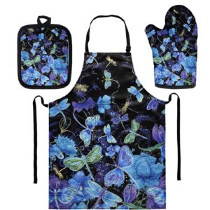 glenlcwe dragonfly kitchen apron oven mitts and pot holders sets for baking cooking,women adjustable apron with pocket,convenient and lovely