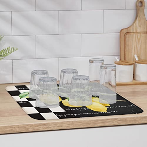 Dish Drying Mats Yellow Lemon Fresh Fruit Farm Absorbent Fast-Drying Kitchen Dishes Pad Black White Plaid Dish Draining Mat Washable Dish Drainer Rack Mats for Kitchen Counter 16x18 Inch