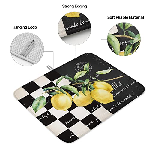 Dish Drying Mats Yellow Lemon Fresh Fruit Farm Absorbent Fast-Drying Kitchen Dishes Pad Black White Plaid Dish Draining Mat Washable Dish Drainer Rack Mats for Kitchen Counter 16x18 Inch