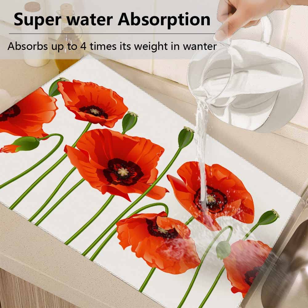 Beabes Poppies Dish Drying Mat,Art Poppies Spring Season Pastoral Flowers Bouquet Nature Drying Mat for Kitchen Counter 18x24 Inches Quick Drying Foldable Mat