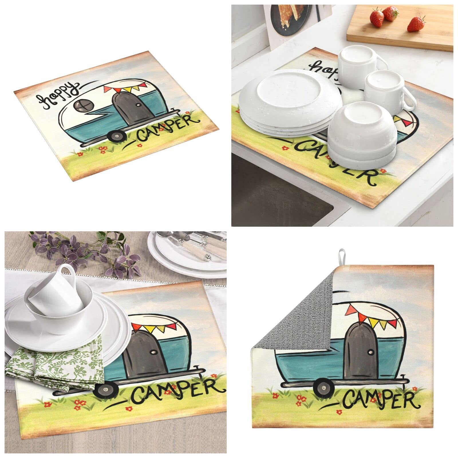 Camping Dish Drying Mat For Kitchen Counter Microfiber Absorbent Dish Collapsible Drying Pad Drainer Rack Protector Mats Dishes Drainer For Kitchen Countertops 16x18inch