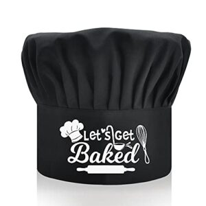 dyjybmy let's get baked, adult adjustable kitchen cooking hat with elastic band chef baker cap, funny bbq chef hat for men, woman, husband, dad, boyfriend or any friend black
