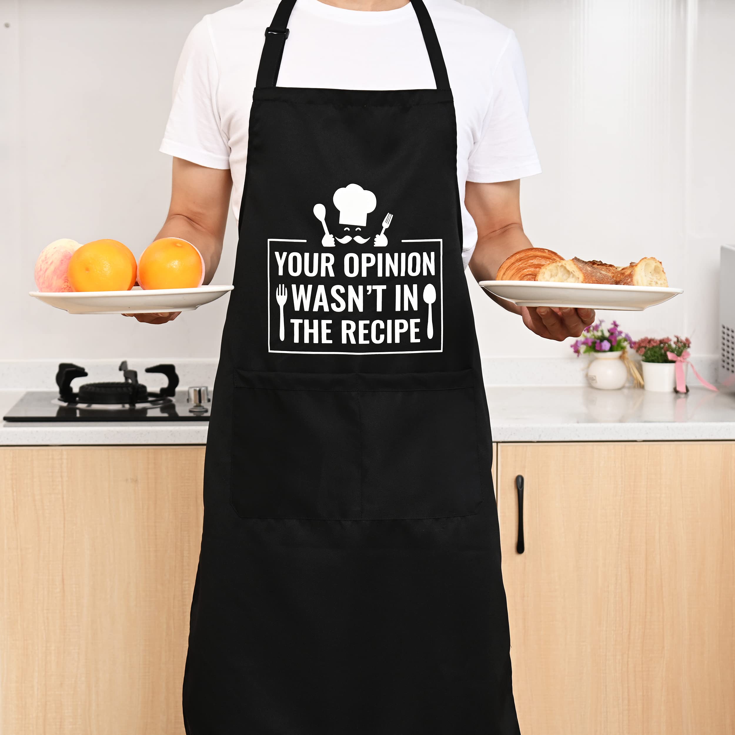 Funny Black Aprons for Men Women with 2 Pockets-Your Opinion Wasn’t in The Recipe, Adjustable Bib,Kitchen Cooking Grilling BBQ Apron,Birthday Gifts for Husband, Dad, Boyfriend, Son, Friends