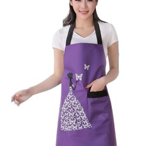 Moolecole Womens Kitchen Aprons Waterproof Bib Overalls Anti-Oil Stain Adult Sleeveless PVC Butterfly Pinafore Apron with One Pockets for Cooking Baking Purple, Valentine's Day Gift