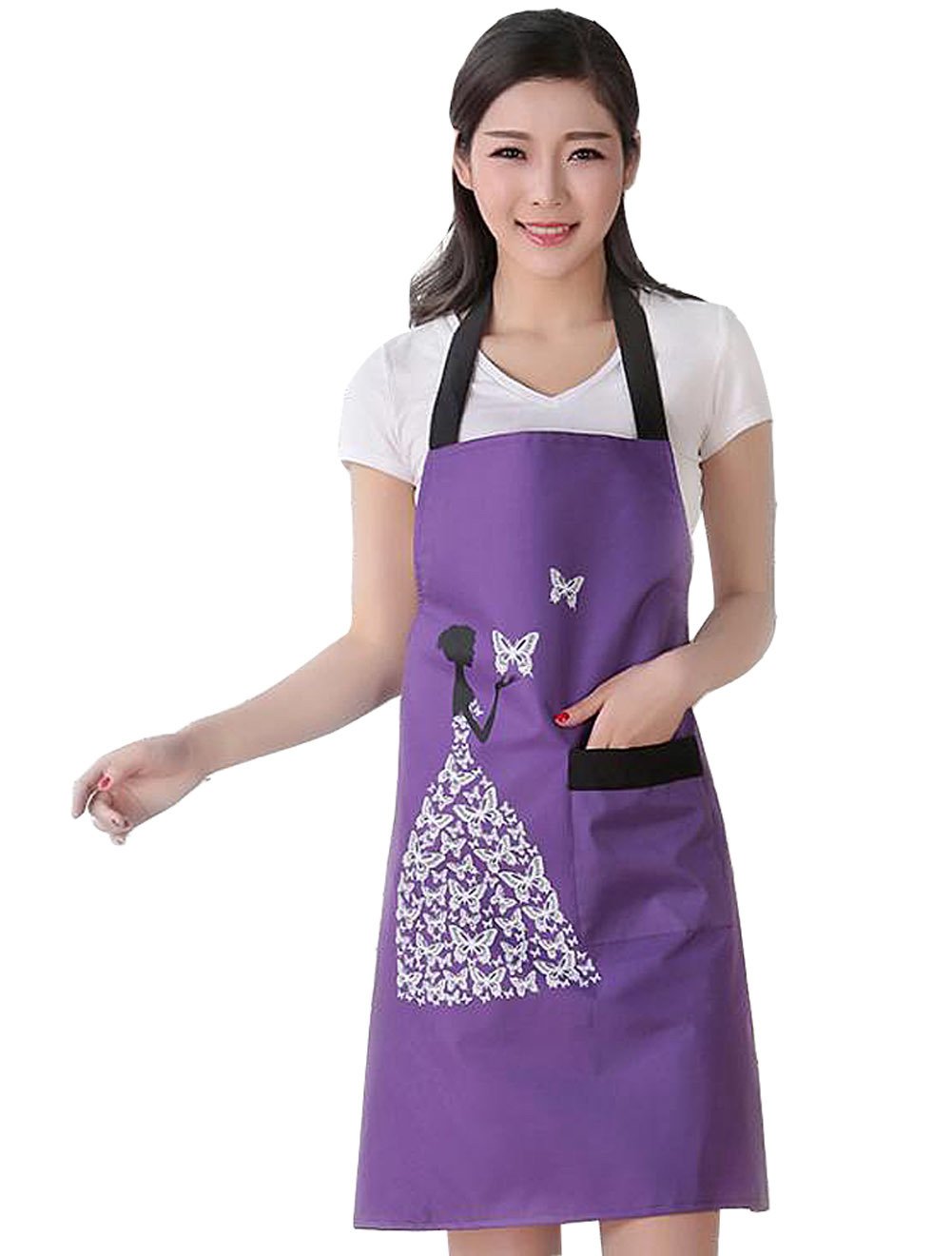 Moolecole Womens Kitchen Aprons Waterproof Bib Overalls Anti-Oil Stain Adult Sleeveless PVC Butterfly Pinafore Apron with One Pockets for Cooking Baking Purple, Valentine's Day Gift