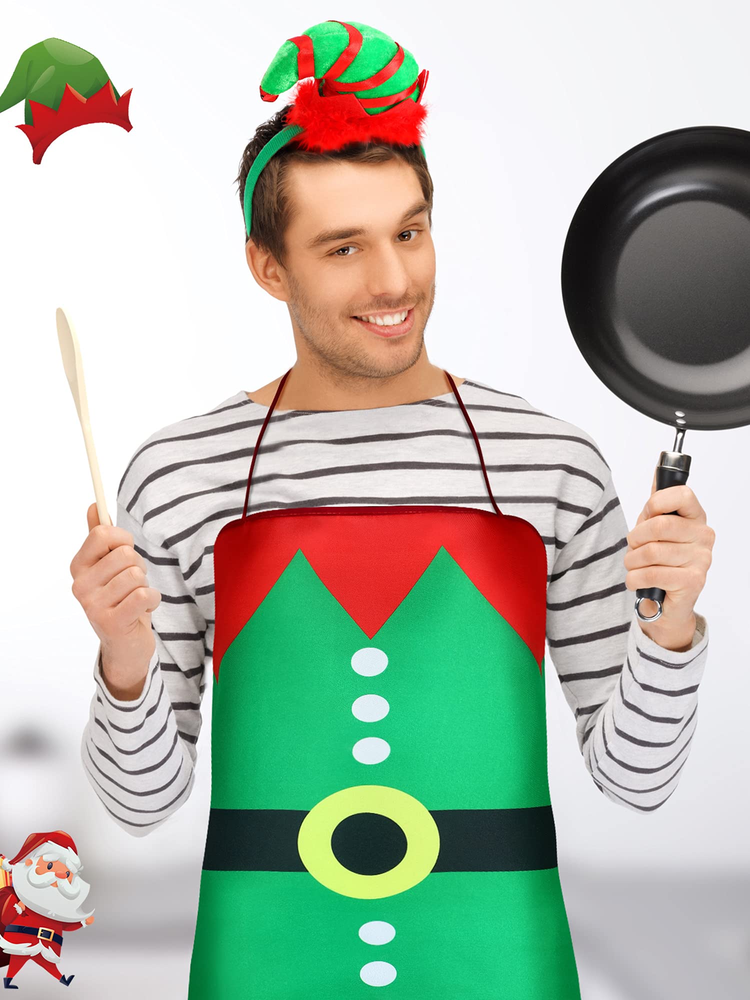 SATINIOR 4 Pieces Christmas Elf Apron and Santa Elf Hat Headbands Cute Kitchen Cooking Aprons Christmas Costume Accessories for Fancy Dress Party Thanksgiving Day Multicolor