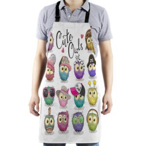 HGOD DESIGNS Owls Kitchen Apron,Cartoon Cute Owls With Hat Earphone Sticker Kitchen Aprons For Women Men For Cooking Gardening Adjustable Home Bibs,Adult Size