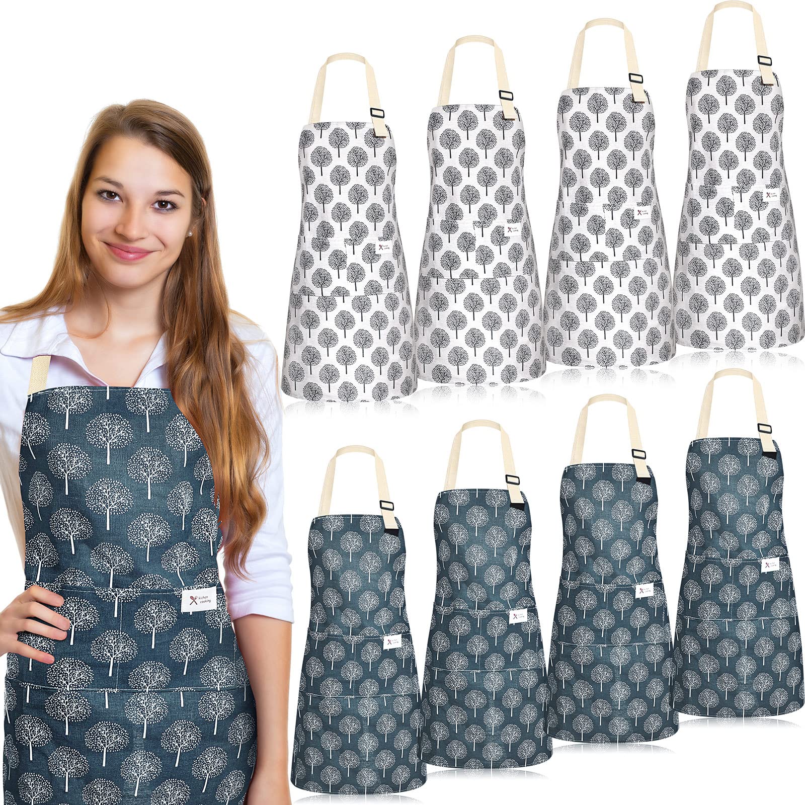 Sureio 8 Pack Aprons for Women Men with 2 Pockets Linen Kitchen Apron Adjustable Cooking Kitchen Chef Apron Bib for BBQ Outdoors Baking Household