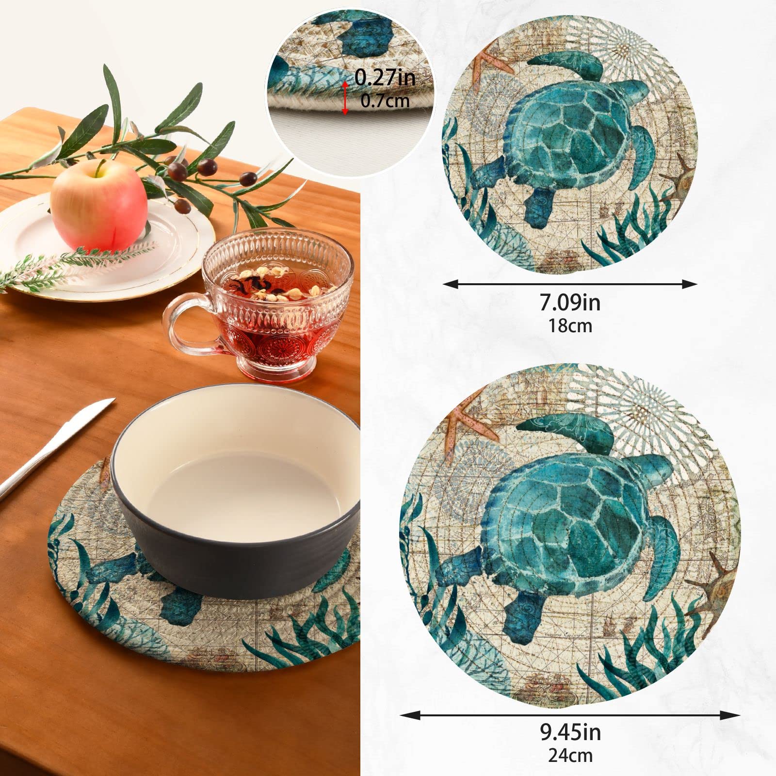 ALAZA Ocean Sea Turtle Trivets for Hot Dishes 2 Pcs,Hot Pad for Kitchen,Trivets for Hot Pots and Pans,Large Coasters Cotton Mat Cooking Potholder Set