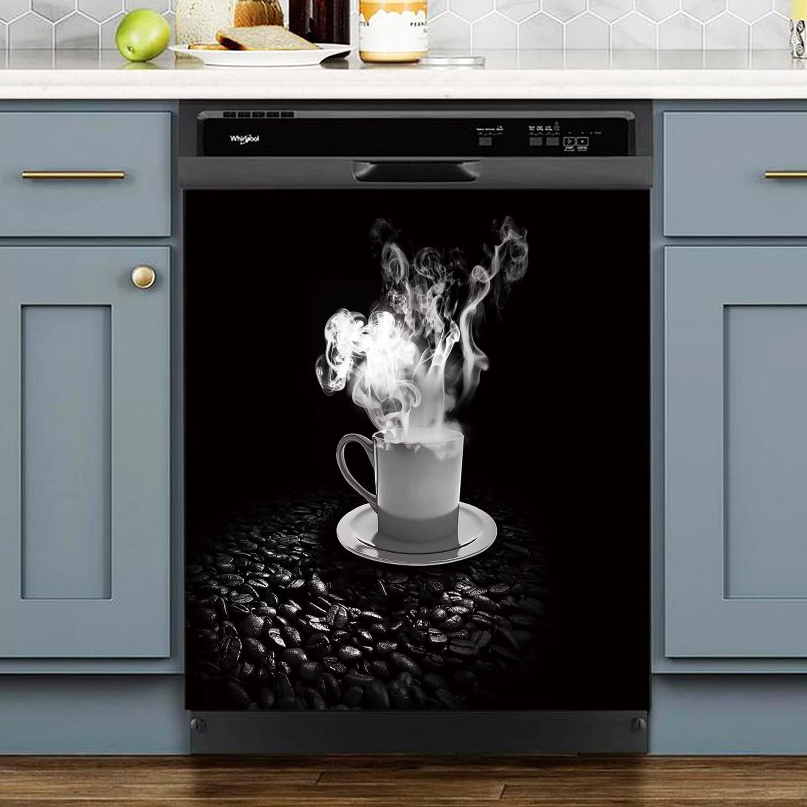 Black and White Coffee Dishwasher Covers for The Front,Coffee Beans Cup Refrigerator Stickers,Cool Simplicity Home Cabinet Decor Panel Decal,Coffee Sticker Cover Sheet