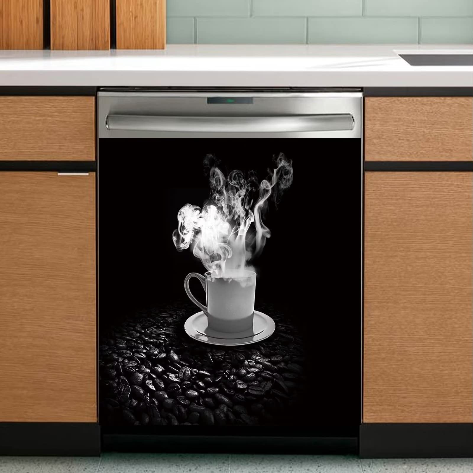 Black and White Coffee Dishwasher Covers for The Front,Coffee Beans Cup Refrigerator Stickers,Cool Simplicity Home Cabinet Decor Panel Decal,Coffee Sticker Cover Sheet