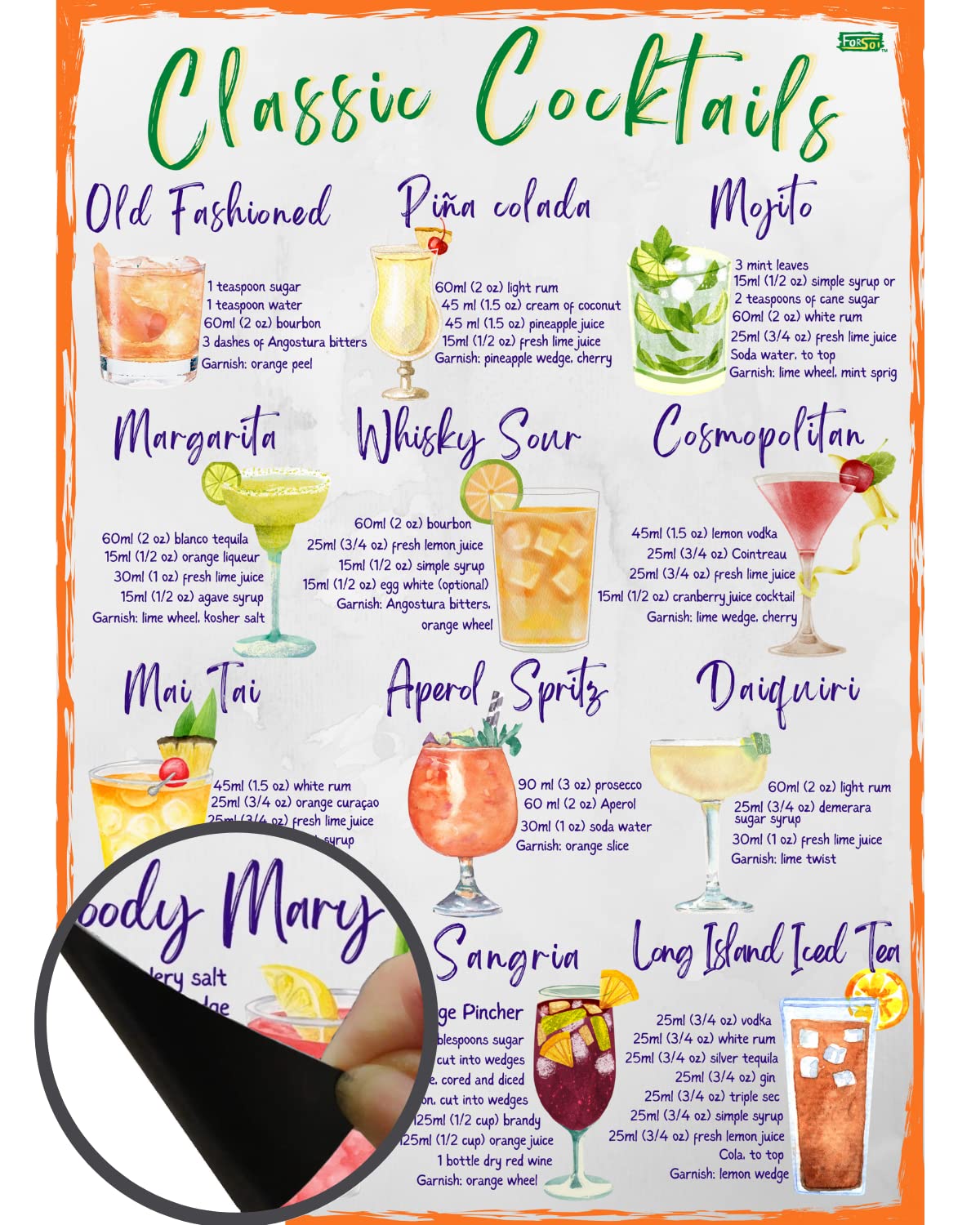 Classic Cocktails Recipes Magnetic Chart A4 format - Kitchen Pub Wall And Fridge Decor Stylish Colourful Informative Magnet Milliliters and Ounces Measurement Units