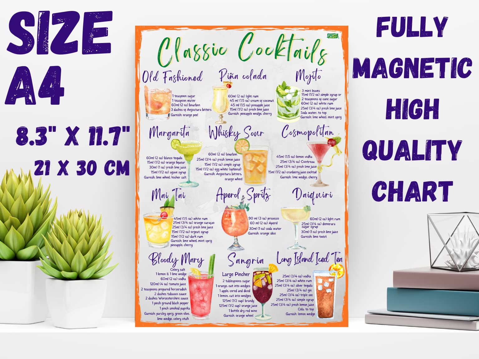 Classic Cocktails Recipes Magnetic Chart A4 format - Kitchen Pub Wall And Fridge Decor Stylish Colourful Informative Magnet Milliliters and Ounces Measurement Units