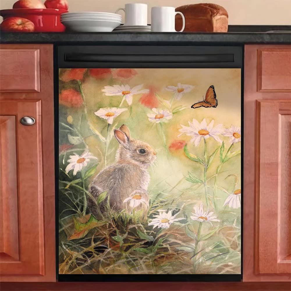 Flower and Butterfly Dishwasher Cover Magnetic Sticker Oil Painting Heat-resistant Decorative Rabbit Easter Kitchen Decoration fridge Washing Machine Magnet Panel Decal Home Decor Wallpaper 23"Wx26"H