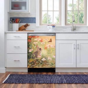 Flower and Butterfly Dishwasher Cover Magnetic Sticker Oil Painting Heat-resistant Decorative Rabbit Easter Kitchen Decoration fridge Washing Machine Magnet Panel Decal Home Decor Wallpaper 23"Wx26"H