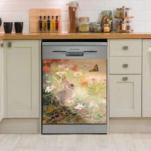 Flower and Butterfly Dishwasher Cover Magnetic Sticker Oil Painting Heat-resistant Decorative Rabbit Easter Kitchen Decoration fridge Washing Machine Magnet Panel Decal Home Decor Wallpaper 23"Wx26"H