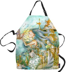 ssoiu mermaid cooking apron, legendary mermaid beautiful mermaid art kitchen apron for baking/bbq men women unisex waterproof 31x27 inches