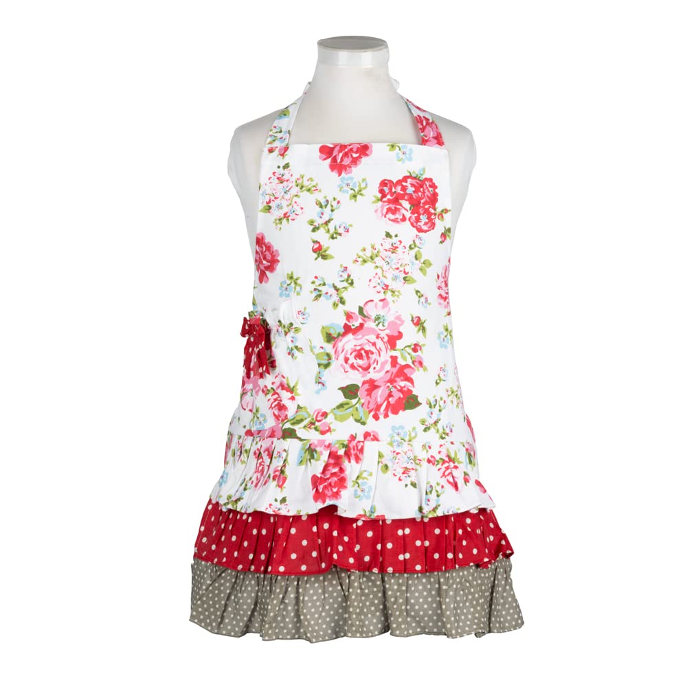 NEOVIVA Children Kitchen Aprons for Girls with Pocket for Matching Mother and Daughter Apron Set, Style Doris, Floral Lollipop Red