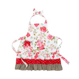 NEOVIVA Children Kitchen Aprons for Girls with Pocket for Matching Mother and Daughter Apron Set, Style Doris, Floral Lollipop Red