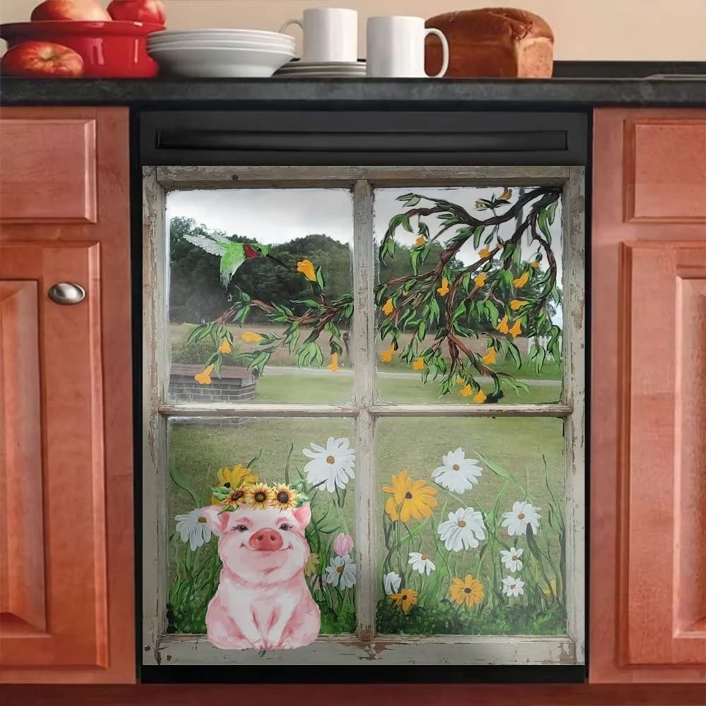 Pig Dishwasher Magnetic Sticker Farm Window Flower Refrigerator Door Magnet Cover Sheet,Animal Bird Fridge Home Appliances Decor Decals 23 W x 26 H Inch