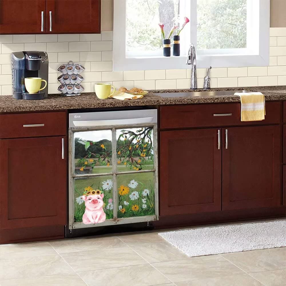 Pig Dishwasher Magnetic Sticker Farm Window Flower Refrigerator Door Magnet Cover Sheet,Animal Bird Fridge Home Appliances Decor Decals 23 W x 26 H Inch